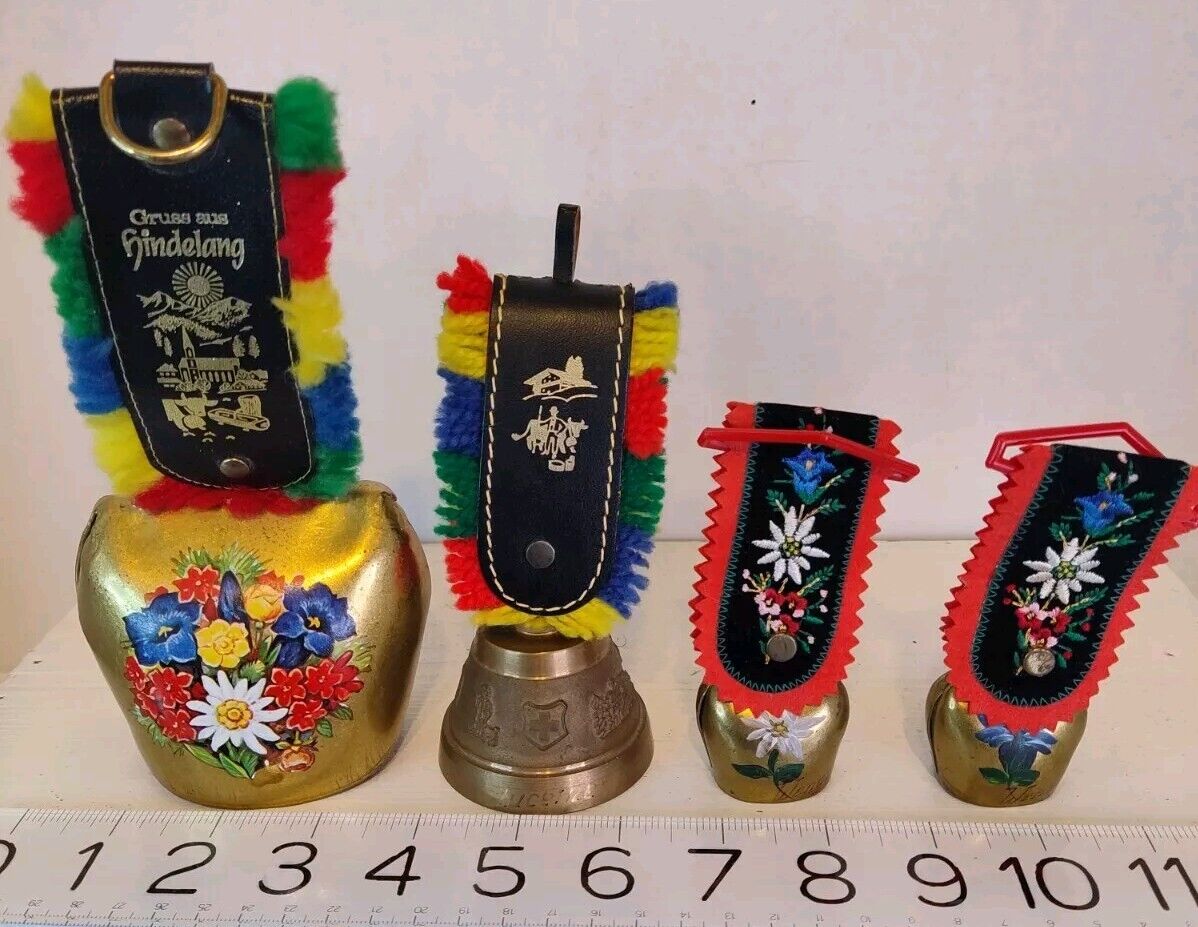 4 Vintage Swiss Germany Cow Bells w/ Fabric Floral Straps Sm Medium And Large