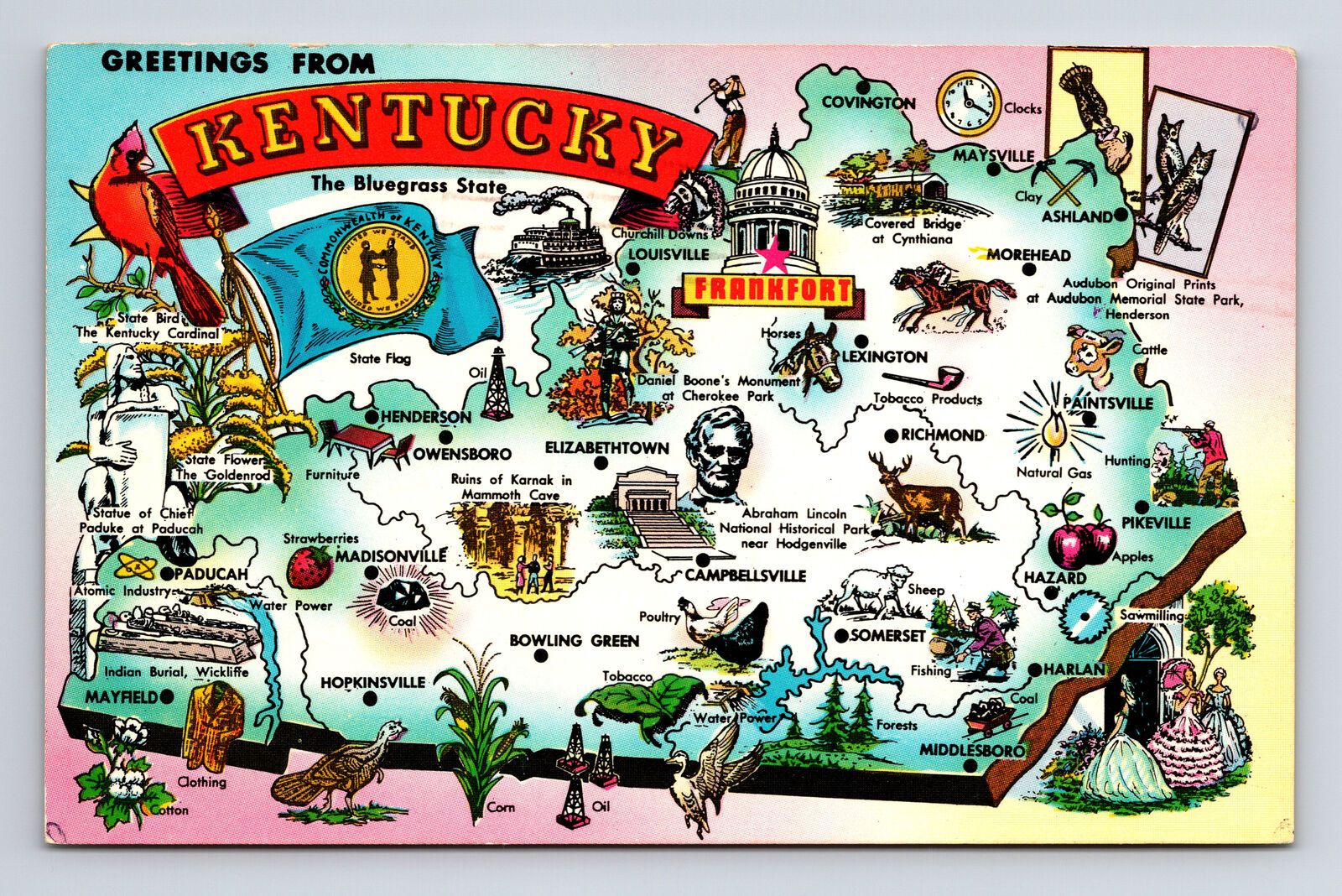 1964 Pictorial Tourist Landmark Map Greetings From State of Kentucky KY Postcard