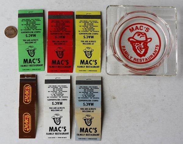 1970s Era Muncie NoblesvilIe Indiana Mac\'s Restaurant ashtray & 6 matchbook set-