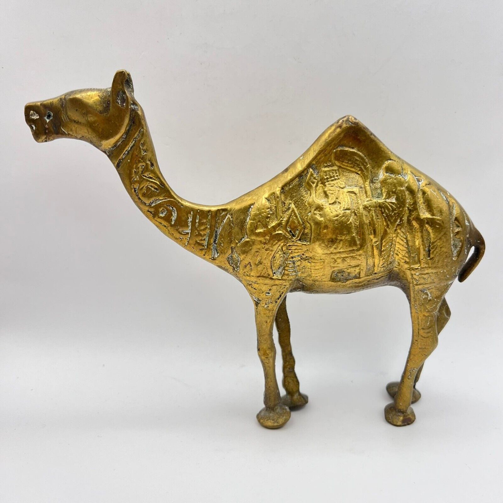 Vintage Large Camel Figurine Brass Handmade Etched Egyptian Decor Collectibles