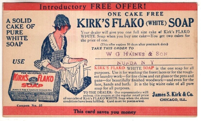 ANTIQUE ADVERTISING Postcard    KIRK\'S FLAKO WHITE SOAP  -  CHICAGO, IL