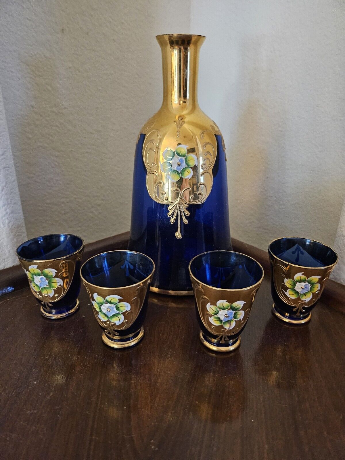 Bohemian Cobalt Blue Glass Hand Painted Italian Glass Decanter And Cordials 