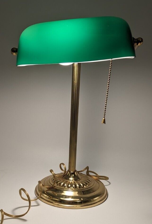 Vintage Banker's Desk Piano Lamp Green Glass Shade Pull Chain Brass Base VGC