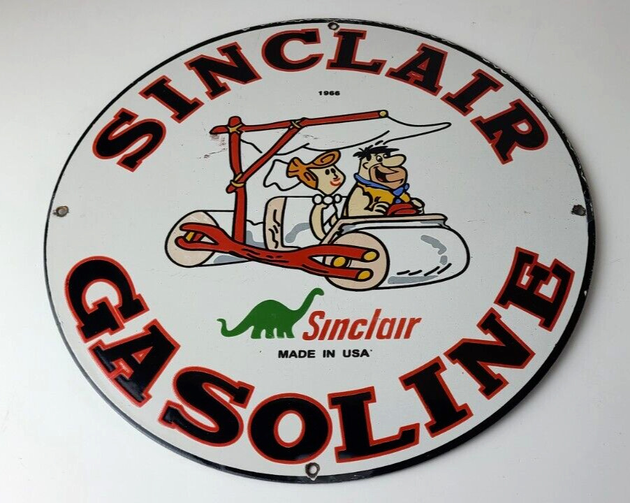 Vintage Sinclair Gasoline Porcelain Sign - Flintstones Advertising Gas Pump Sign