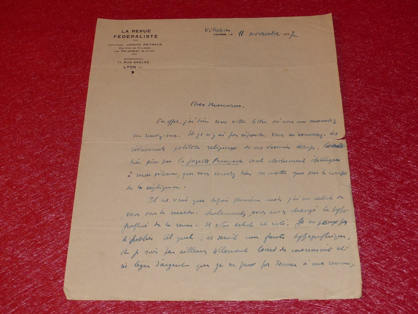 Letter Autograph Signed Jacques Reynaud (Journalist) 1927 La Magazine