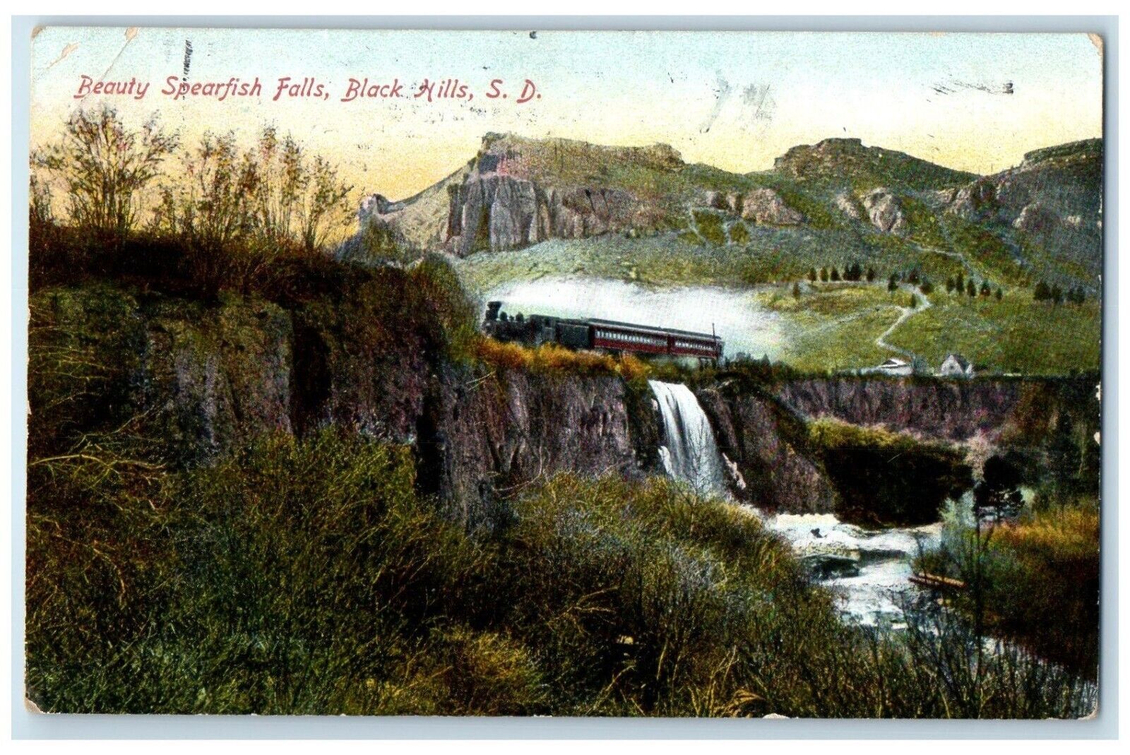 1910 Beauty Spearfish Falls Locomotive Train Black Hills South Dakota Postcard