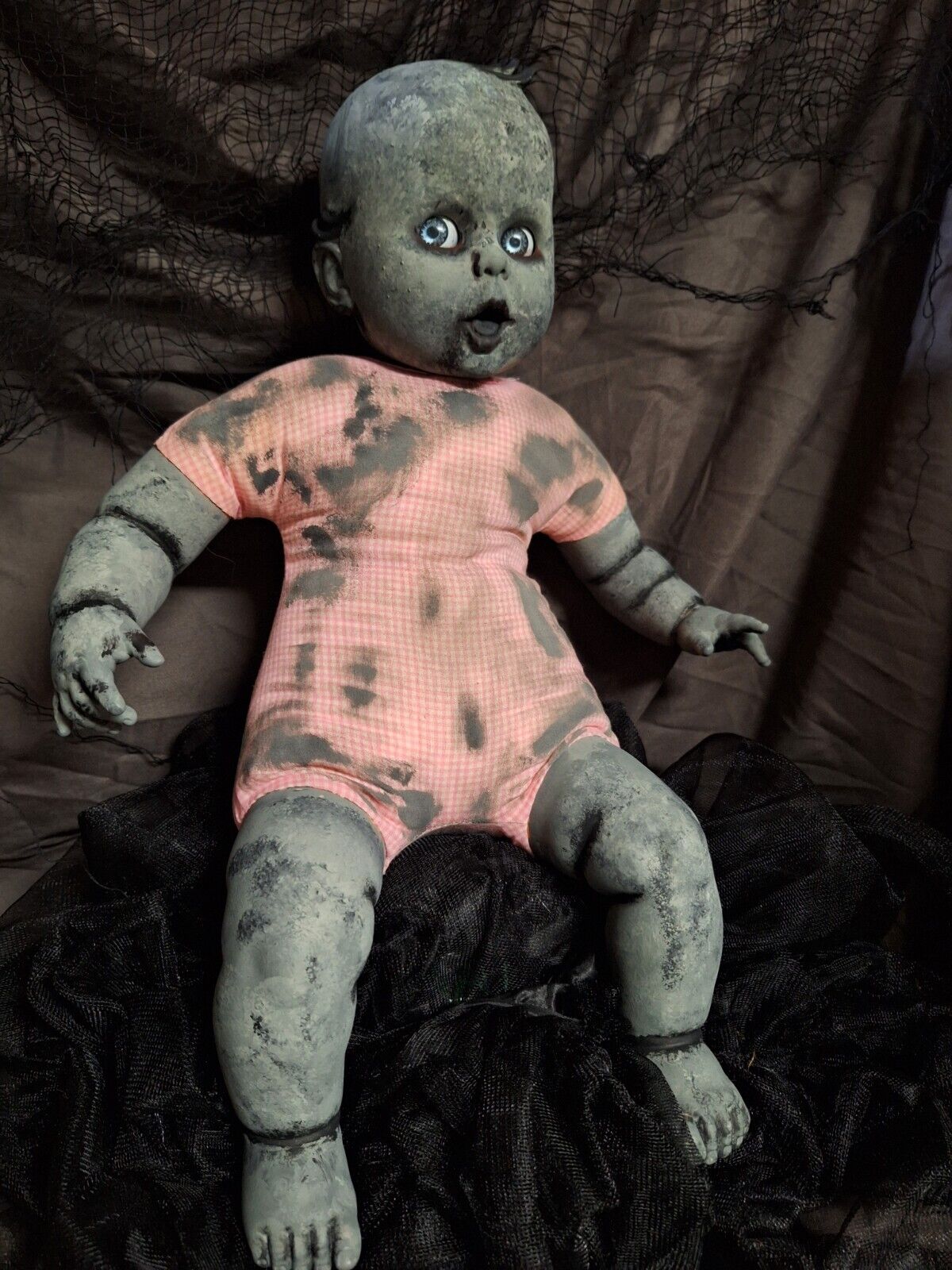 OOAK Creepy Doll , Eyes Move Side To Side, Handpainted, Halloween Prop, 18 In.