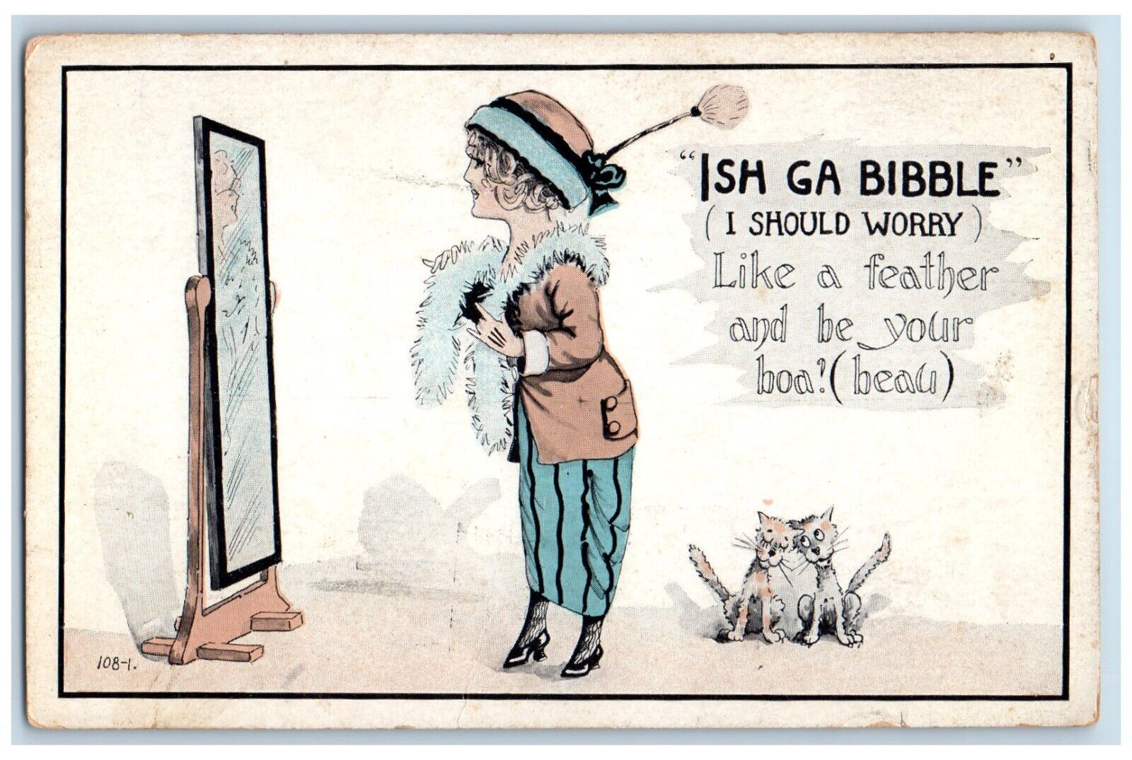 1916 Girl Checking Fur Scarf Mirror Two Cats Ish Ga Bibble Antique Postcard