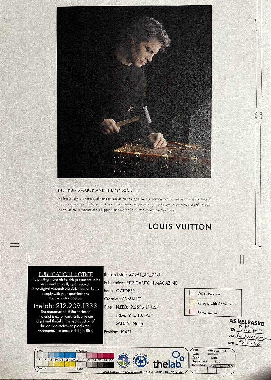 One Of A Kind 11x17 Louis Vuitton Ad Proof Ritz Carlton Magazine Paper Stock