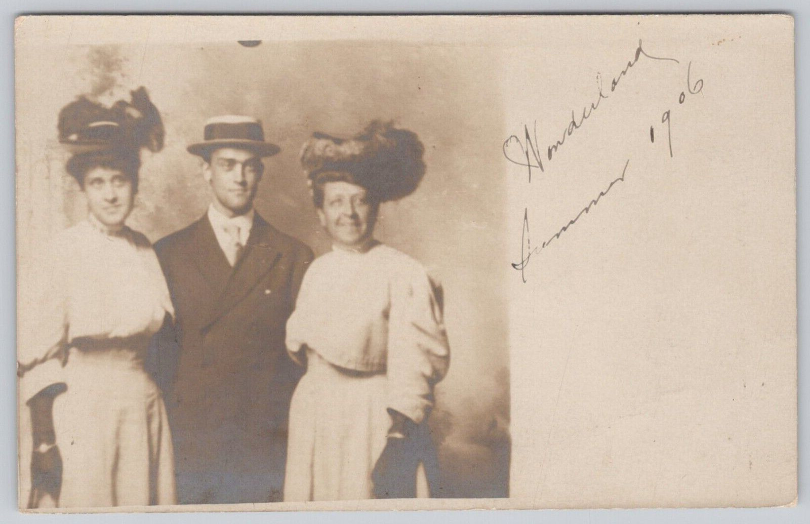 Postcard Young Man With Two Women Vintage Fashion Studio Portrait c.1906 RPPC