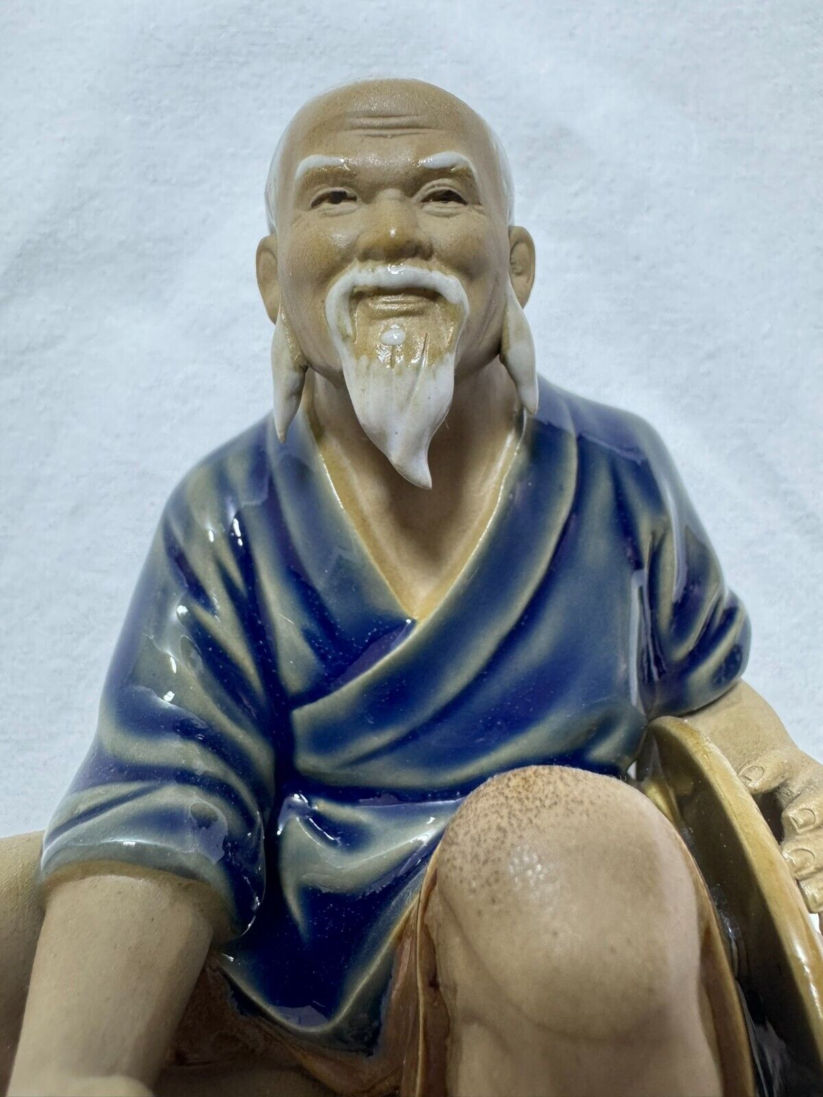 Vintage Fisherman  Mudmen Glazed Chinese Ceramic Shiwan Figurine Blue Shirt