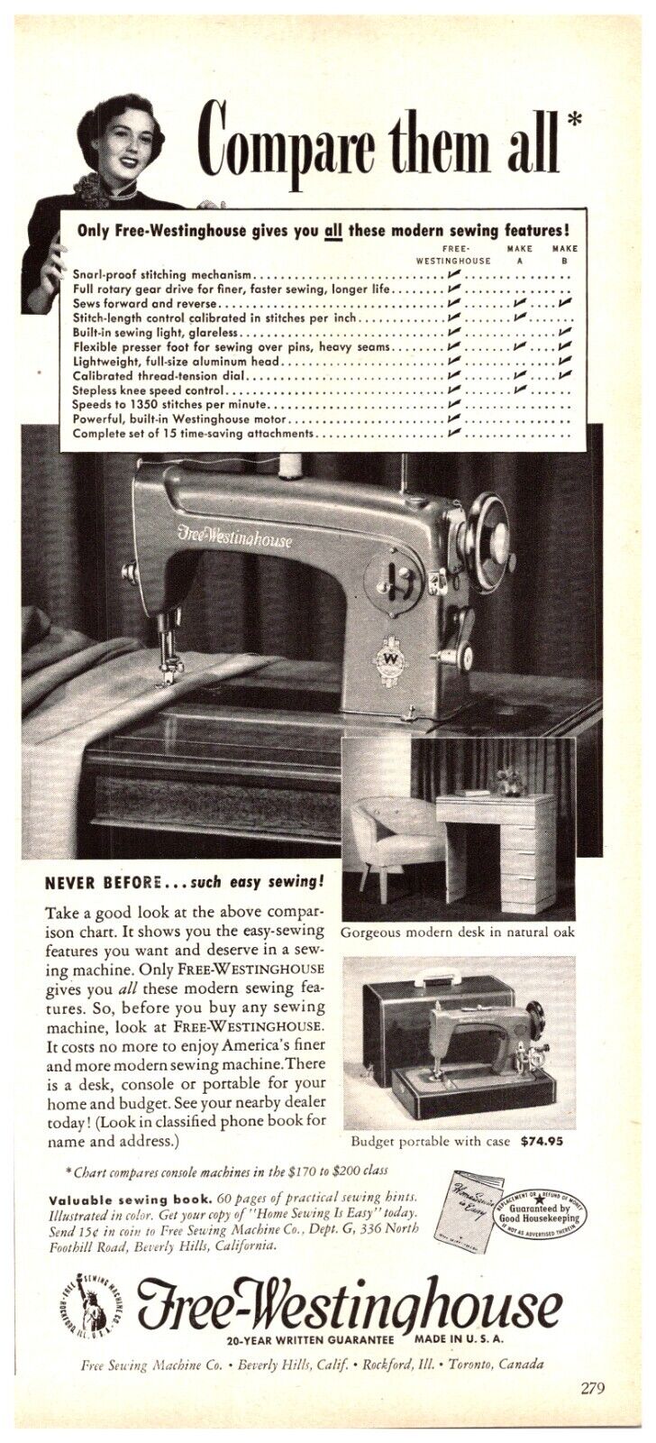 PRINT AD 1951 Free Westinghouse Sewing Machines Modern Desk Natural Oak 5x11