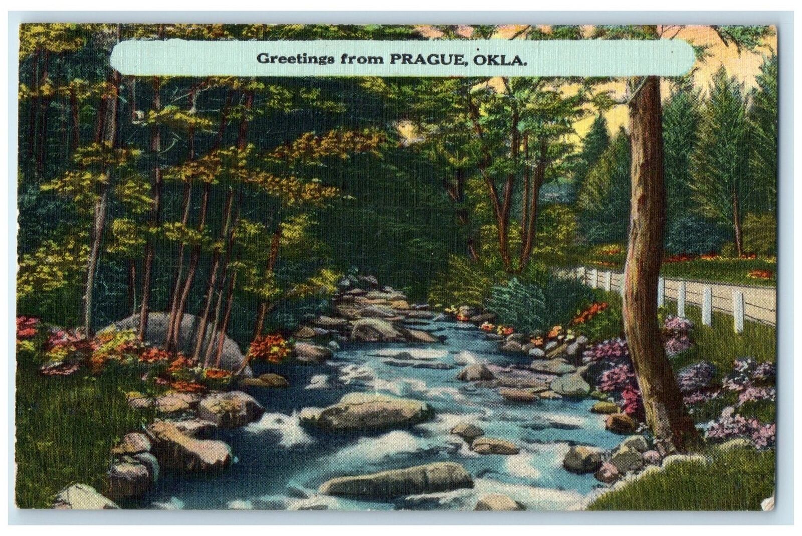 c1940's Greetings From Prague Oklahoma OK Unposted River Road Trees Postcard