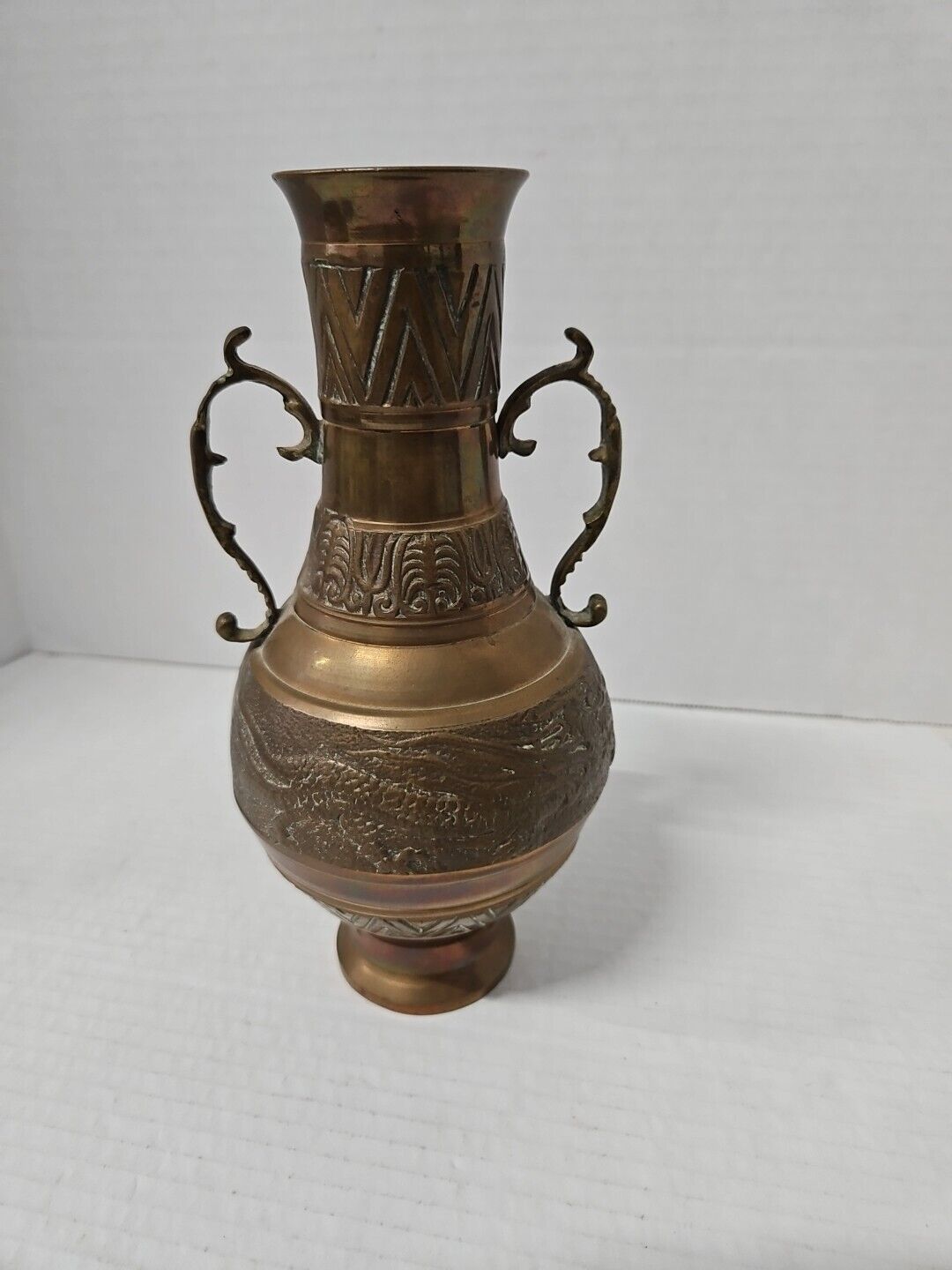 Vintage Solid Brass Vase Dragon Relief Handled Amohora Raised Design