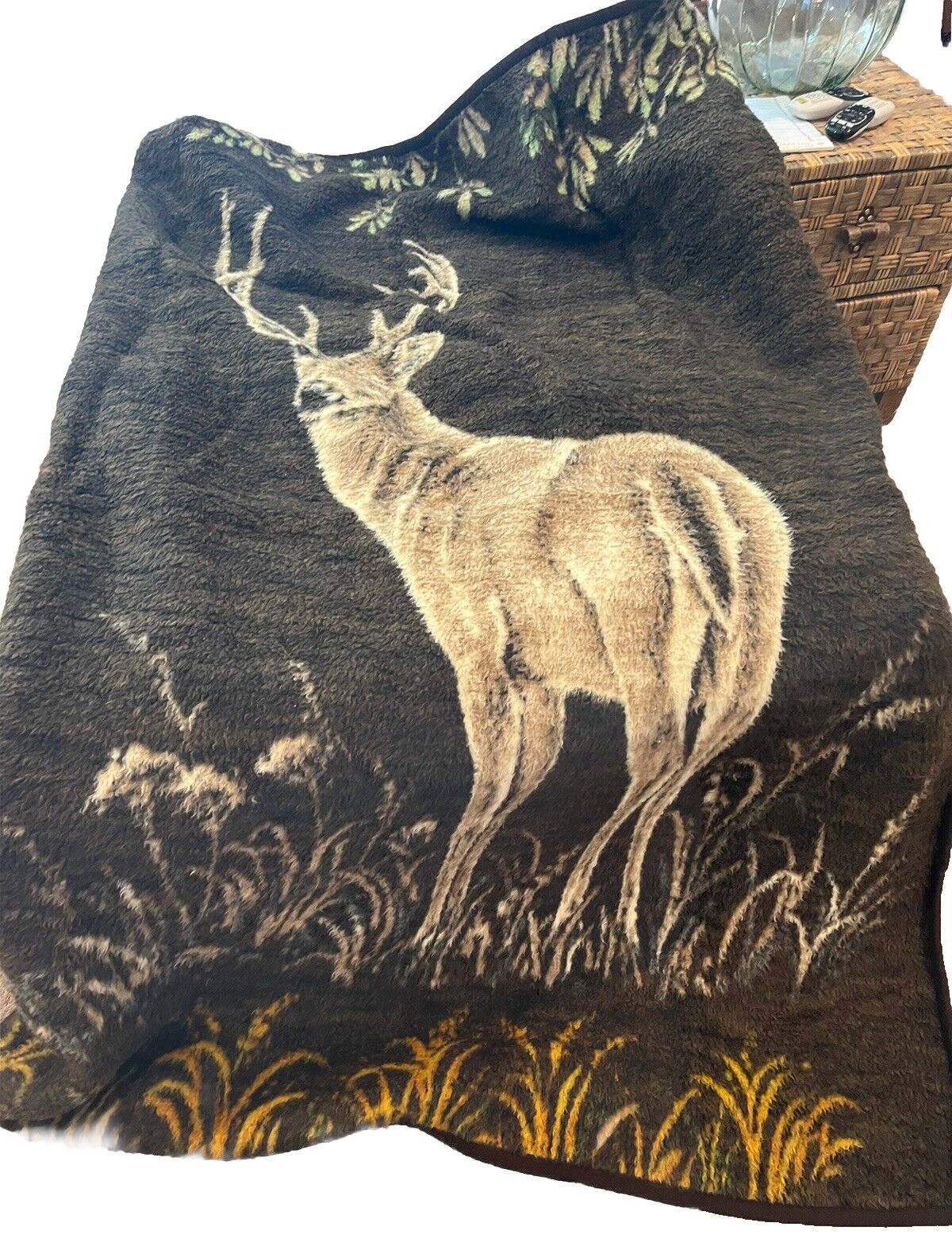 Vtg Acrylic  Buck Deer Brown Reversible Blanket 72” x 56” Made In Germany