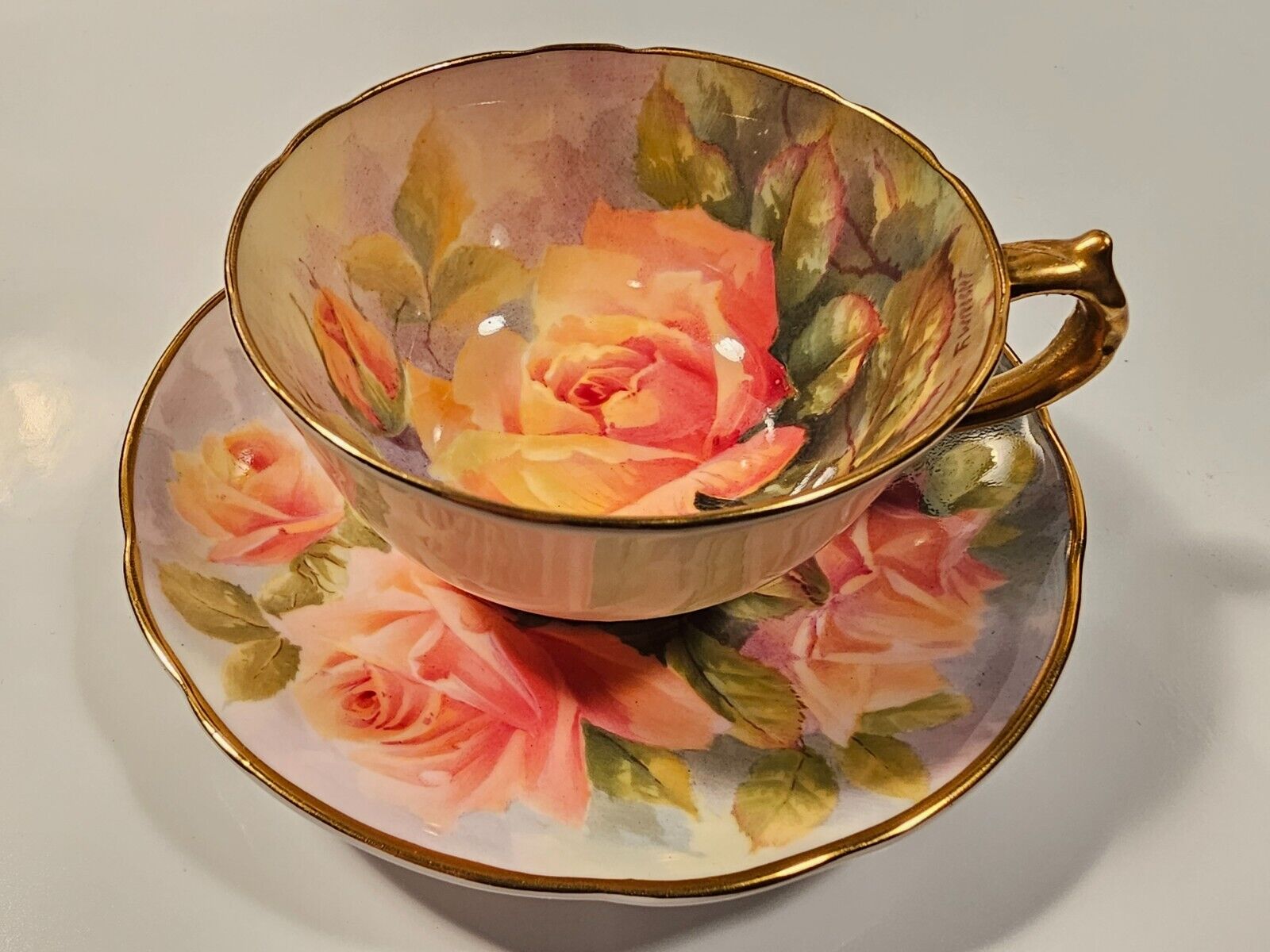 PARAGON SIGNED (FRED) F. WRIGHT DEMITASSE TEACUP & SAUCER SET PEACH CABBAGE ROSE
