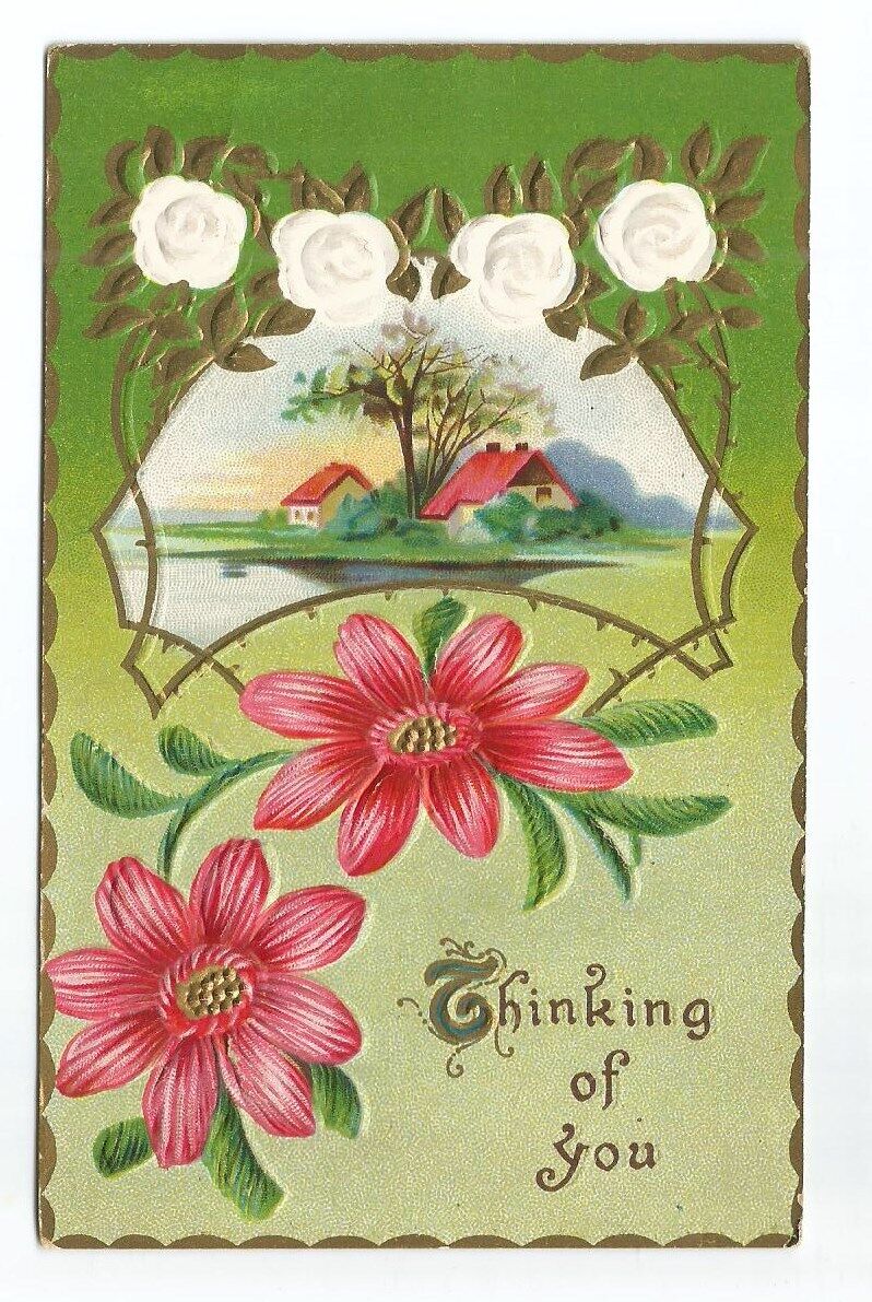 Floral Greeting Postcard Flowers Scenic Embossed c1910