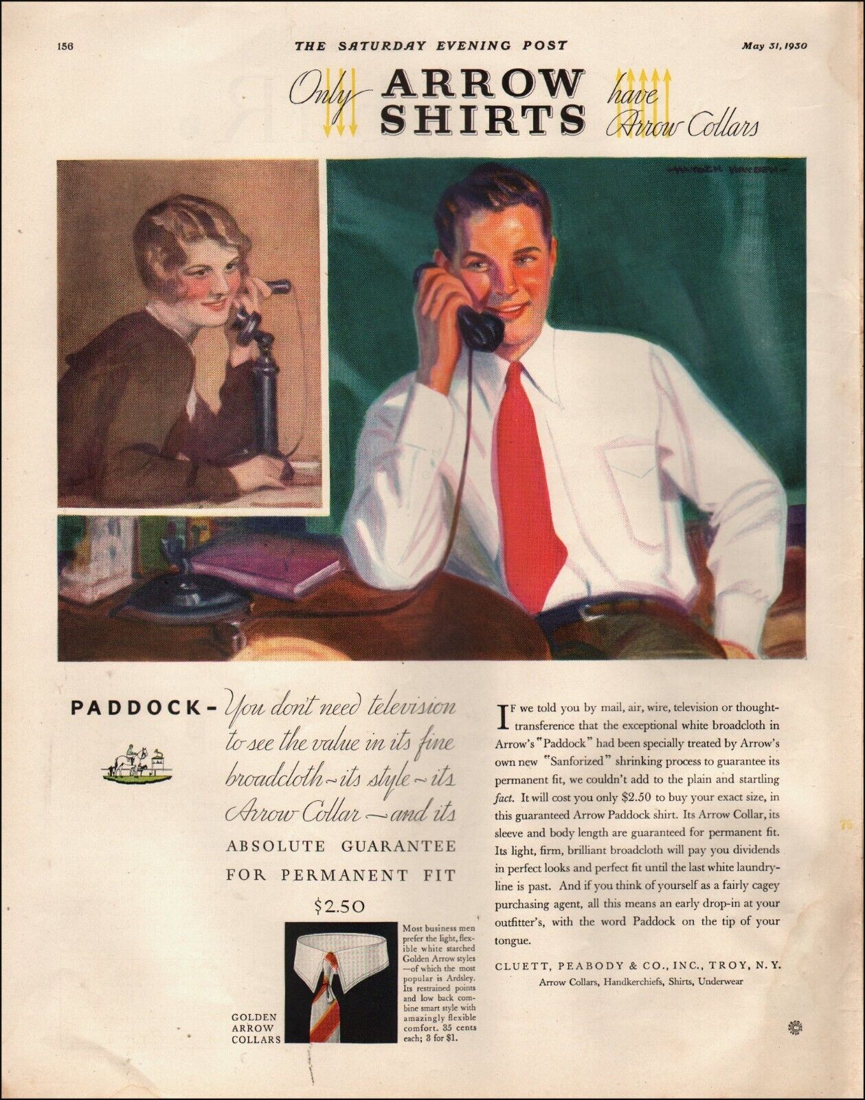 1930 Vintage ad Arrow Shirts retro Fashion Men\'s Clothing Tie Art  RARE 07/07/23