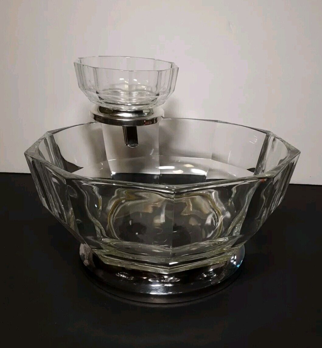 Vintage Italian Clear Glass & Silverplate Chip and Dip Bowl Set 10 Sided 3 Piece