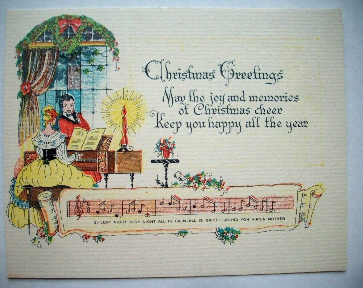 30\'s Couple at piano Silent night vintage Christmas greeting card *9B