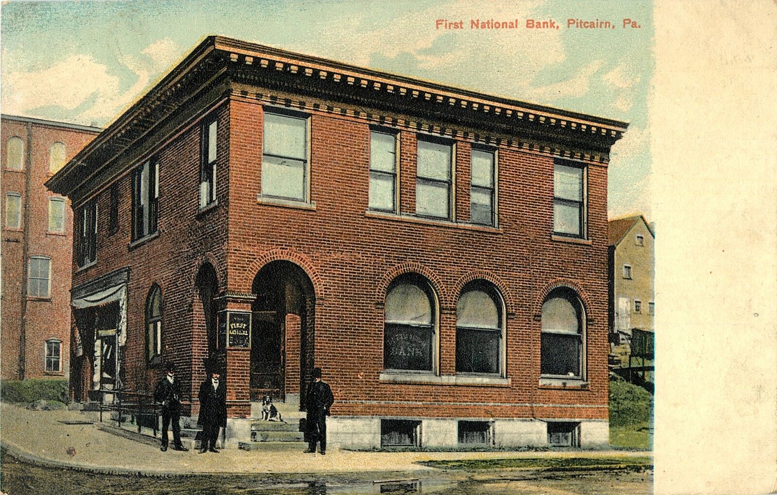 3 Bank Officers & Their Dog Outside the First National Bank, Pitcairn PA 1909