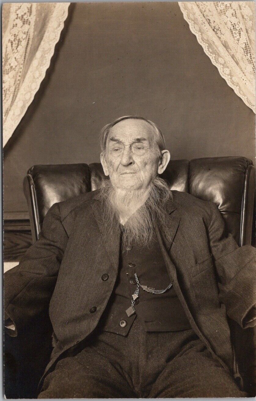 c1910s RPPC Photo Postcard Old Man Studio Portrait Interesting Beard Facial Hair