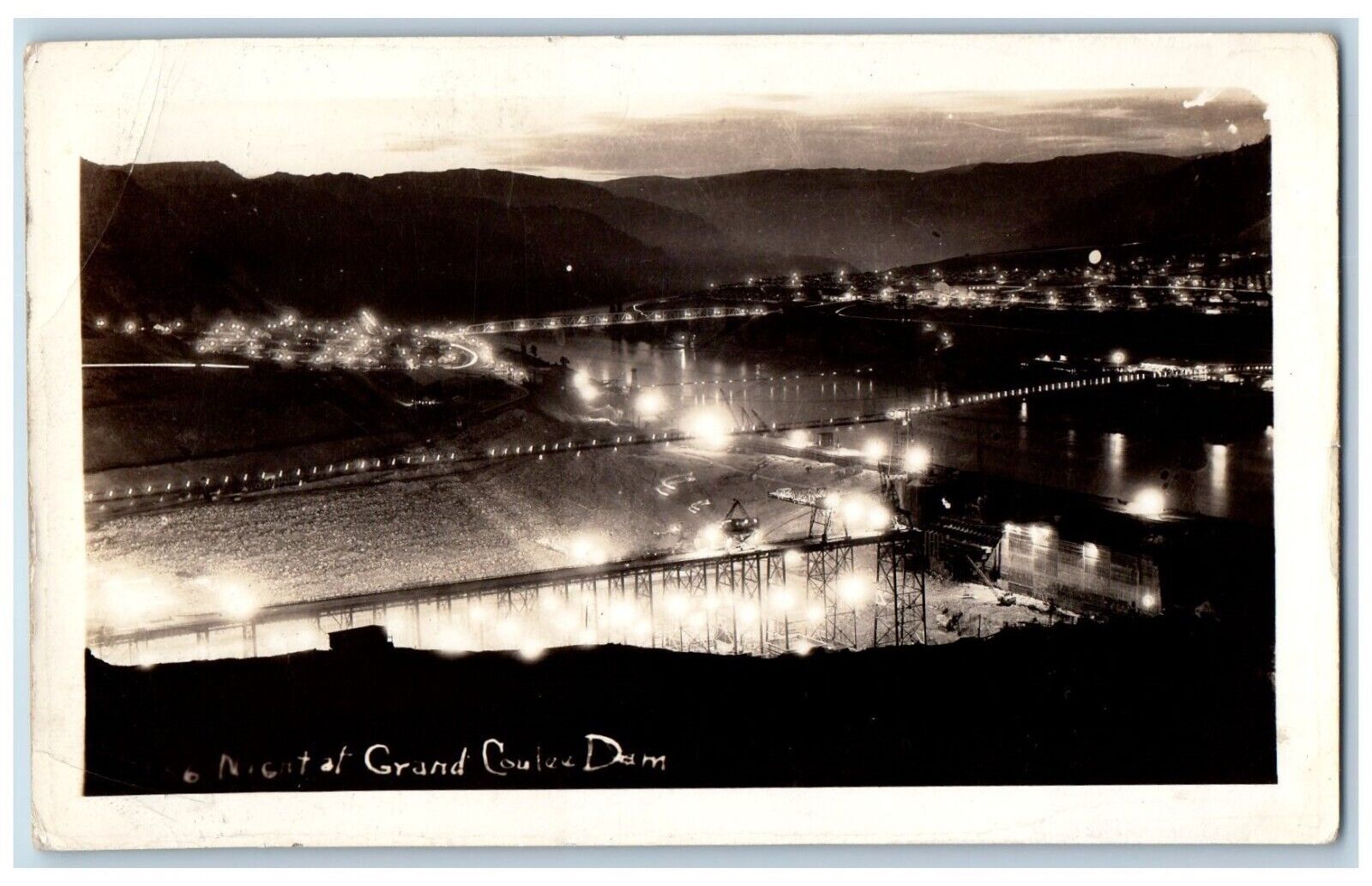 Grand Coulee Dam Washington WA Postcard RPPC Photo Night View c1930's Vintage
