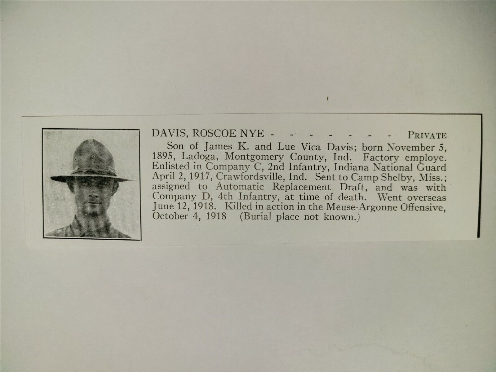 Roscoe Davis Ladoga Indiana Company D 4th Infantry 1921 WW1 Hero Panel