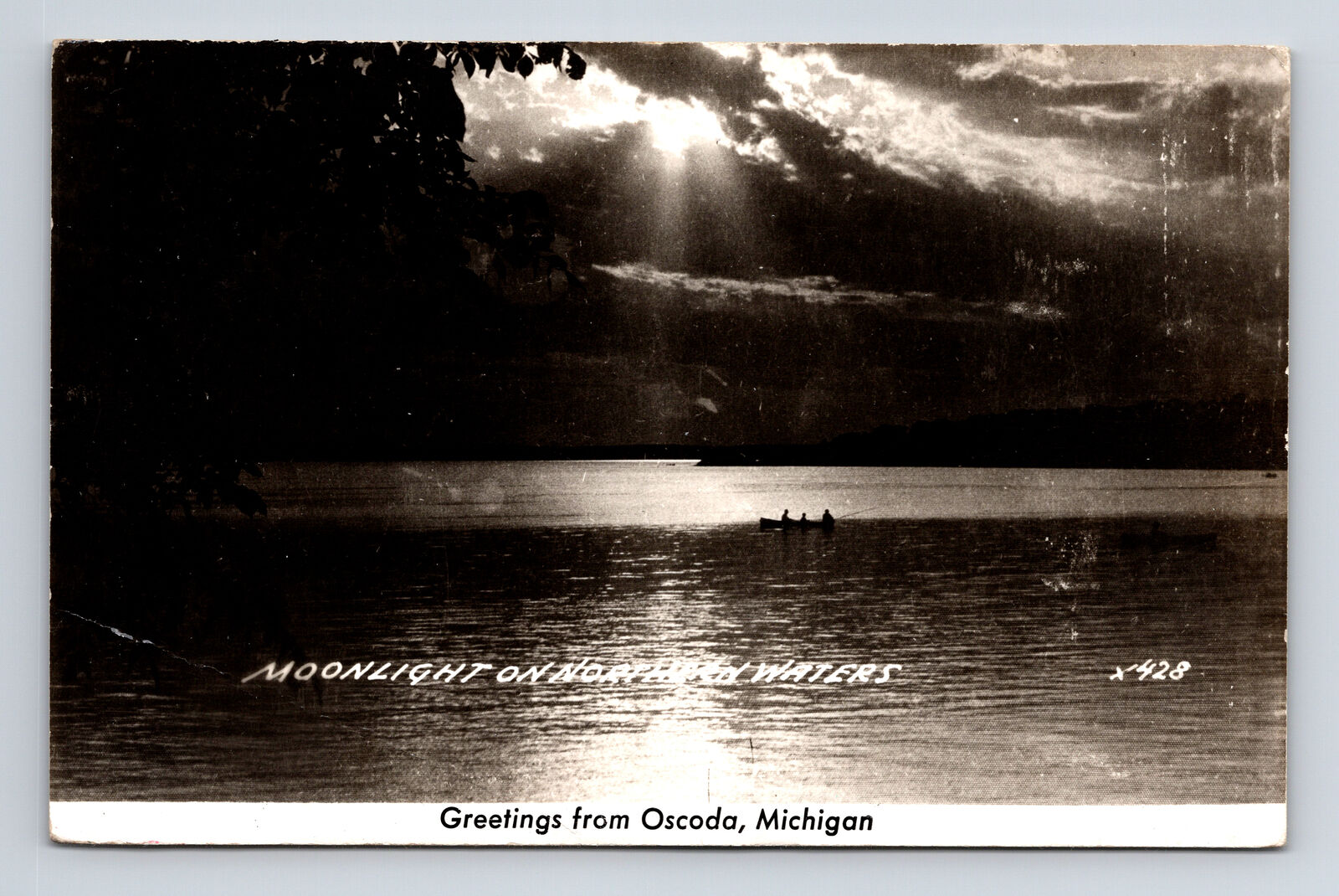 c1947 Moonlight on Northern Waters Greetings From Oscoda Michigan MI Postcard