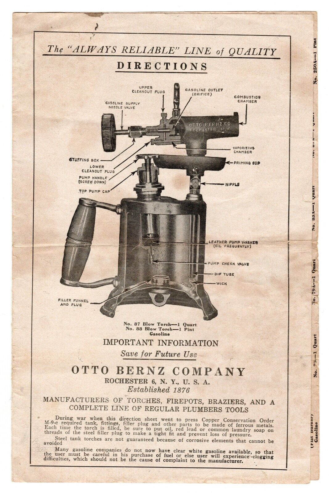 Otto Bernz Company Gasoline Blow Torch Directions Leaflet 1940s Important Info