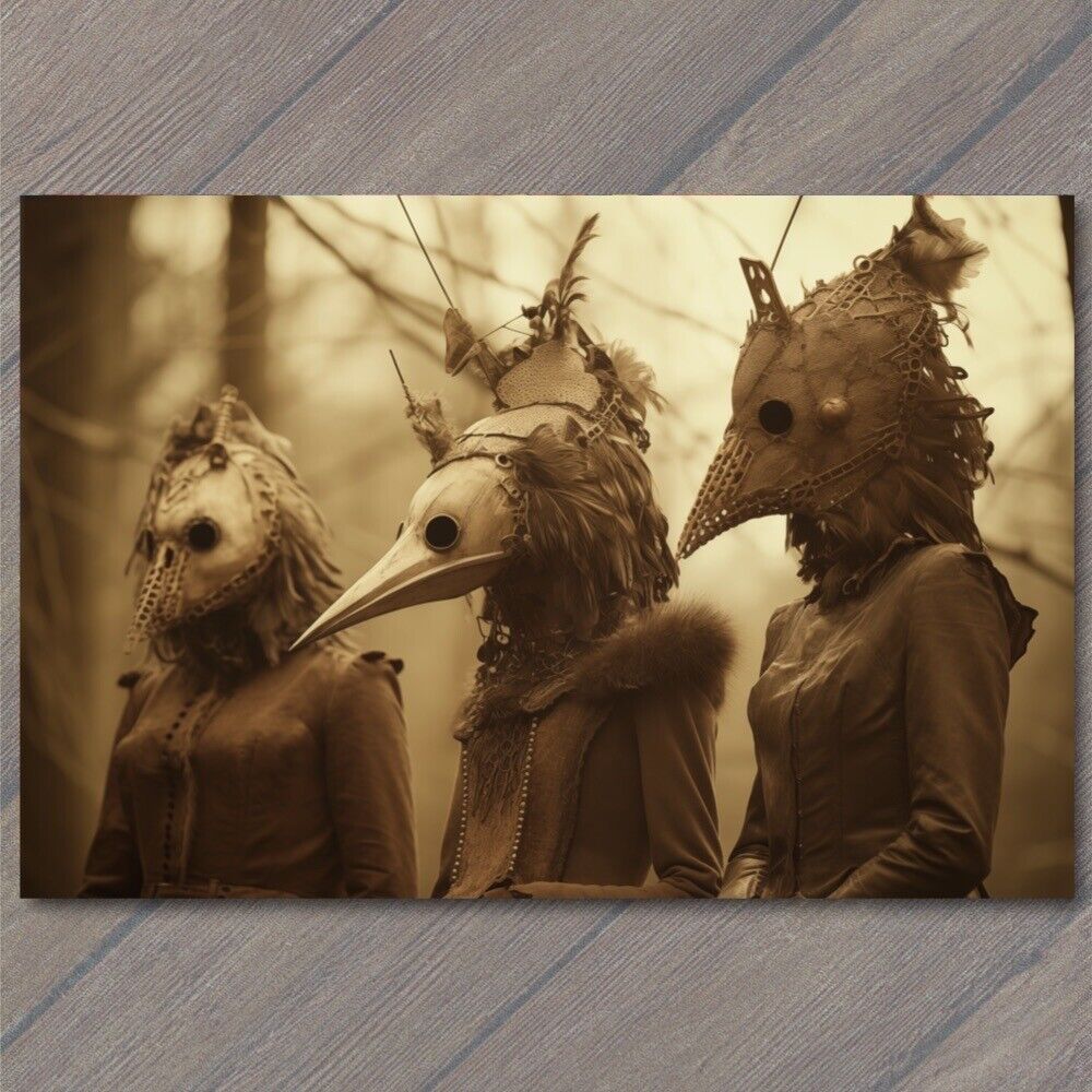 POSTCARD Weird Creepy Girls Masks Beak Cult Horns Woods Halloween Unusual 😈💀