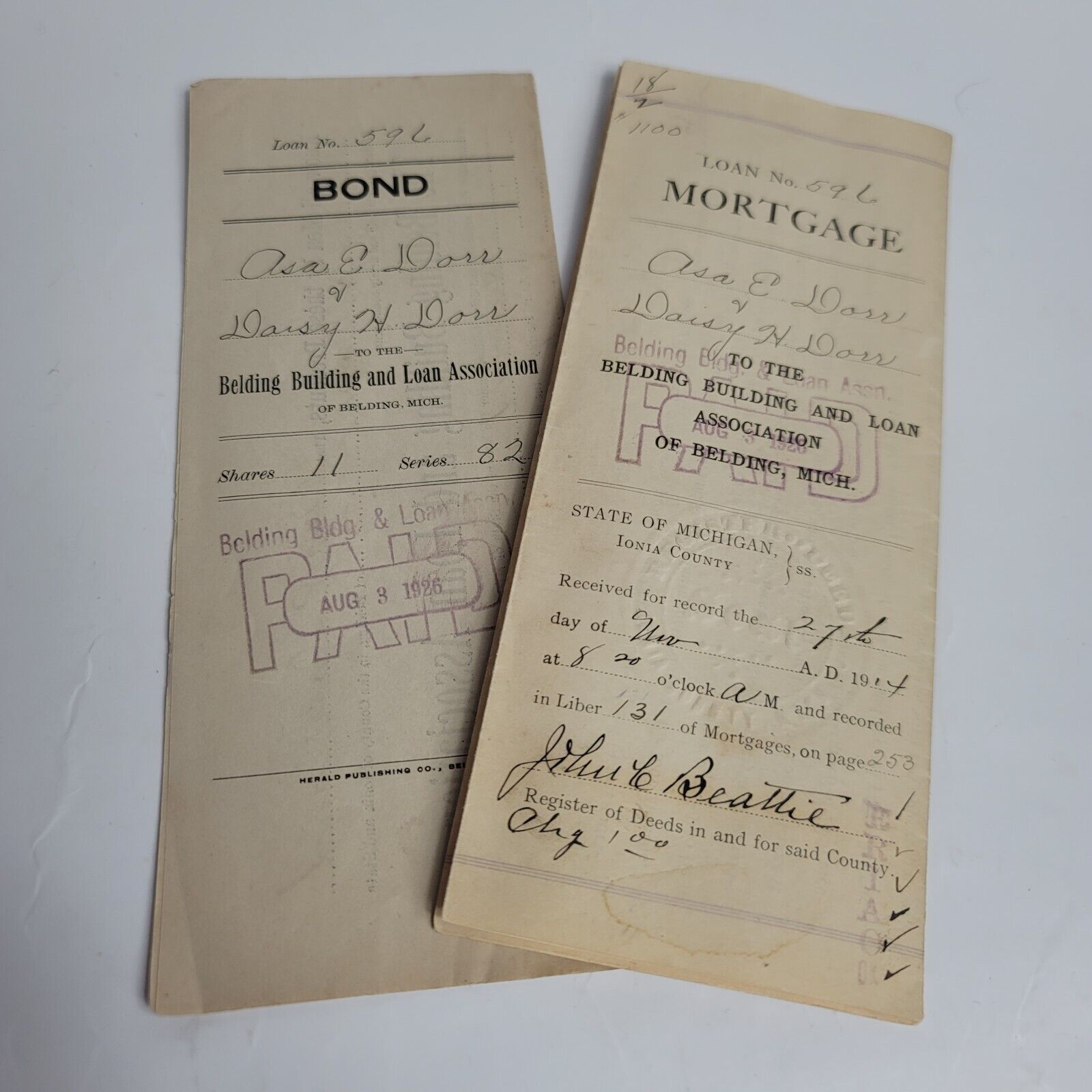 Antique Mortgage / Bond Documents 1914 Belding Building & Loan Belding Michigan