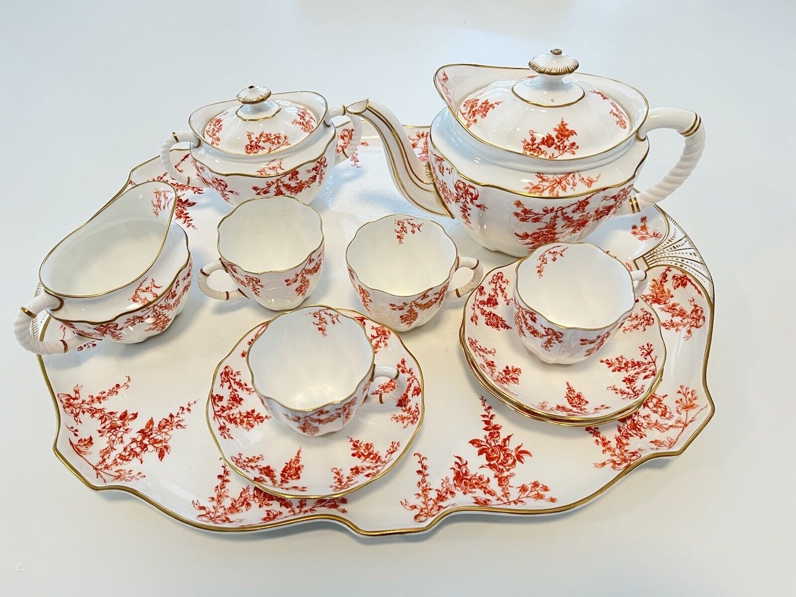 Royal Crown Derby 19c Antique Tea Set For 4 Tea Cup Saucer Teapot Tray Creamer