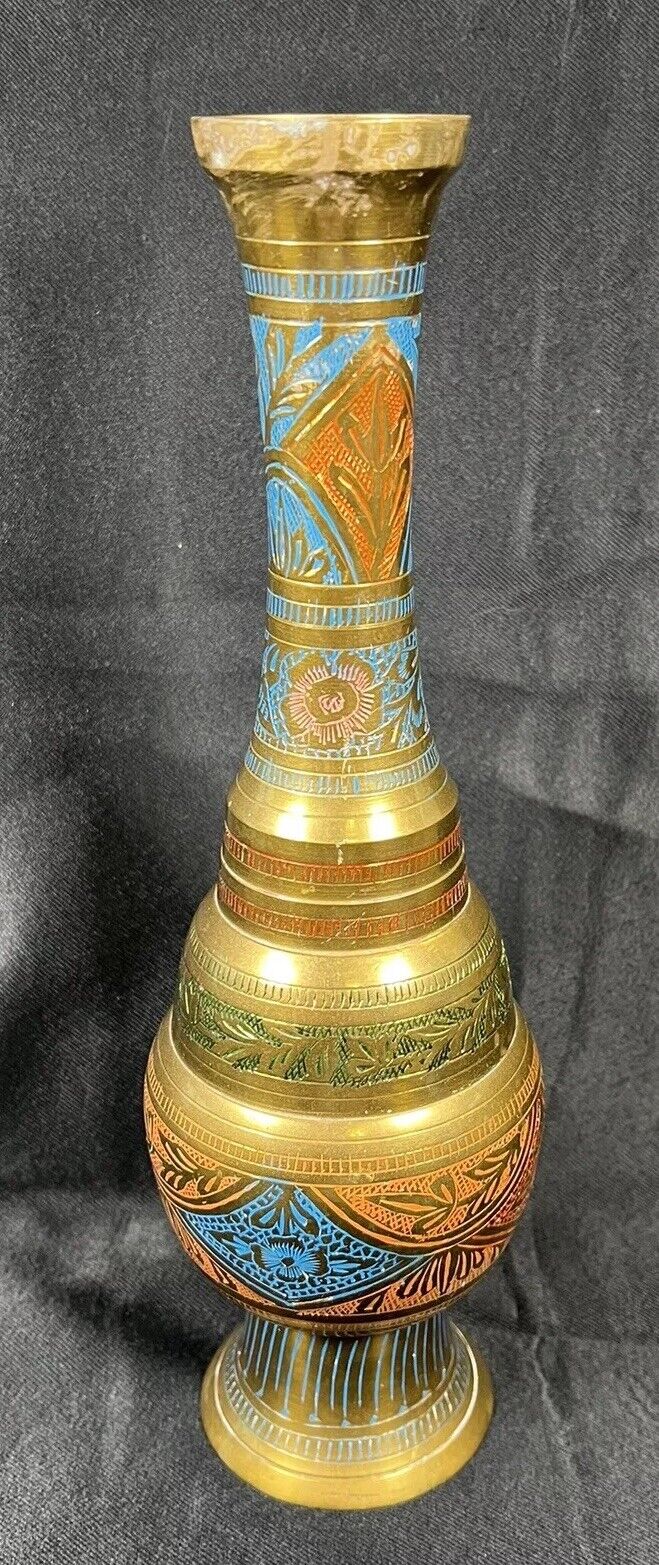 Vintage Bronze VASE Intricate Inlaid  Enameled Decorative India Hand Carved 12”