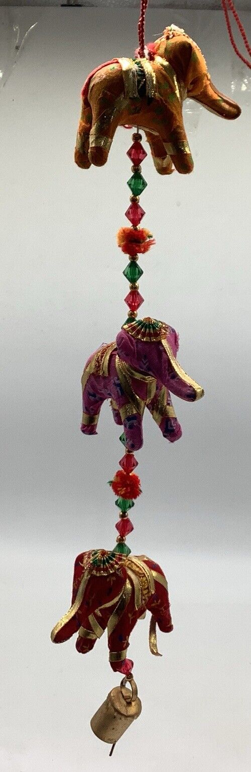 India Folk Art Elephant Art Wall Hanging Decor Multi Color W Bell Never Used 24”