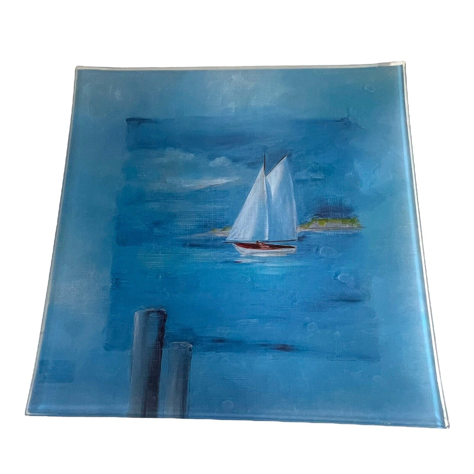 Paul Brent Thick Curved Glass Serving Platter 14” Reverse Painted Sailboat Scene