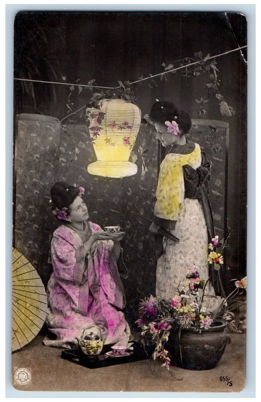 European Women Postcard RPPC Photo In Japanese Kimono Lantern Flowers c1910's