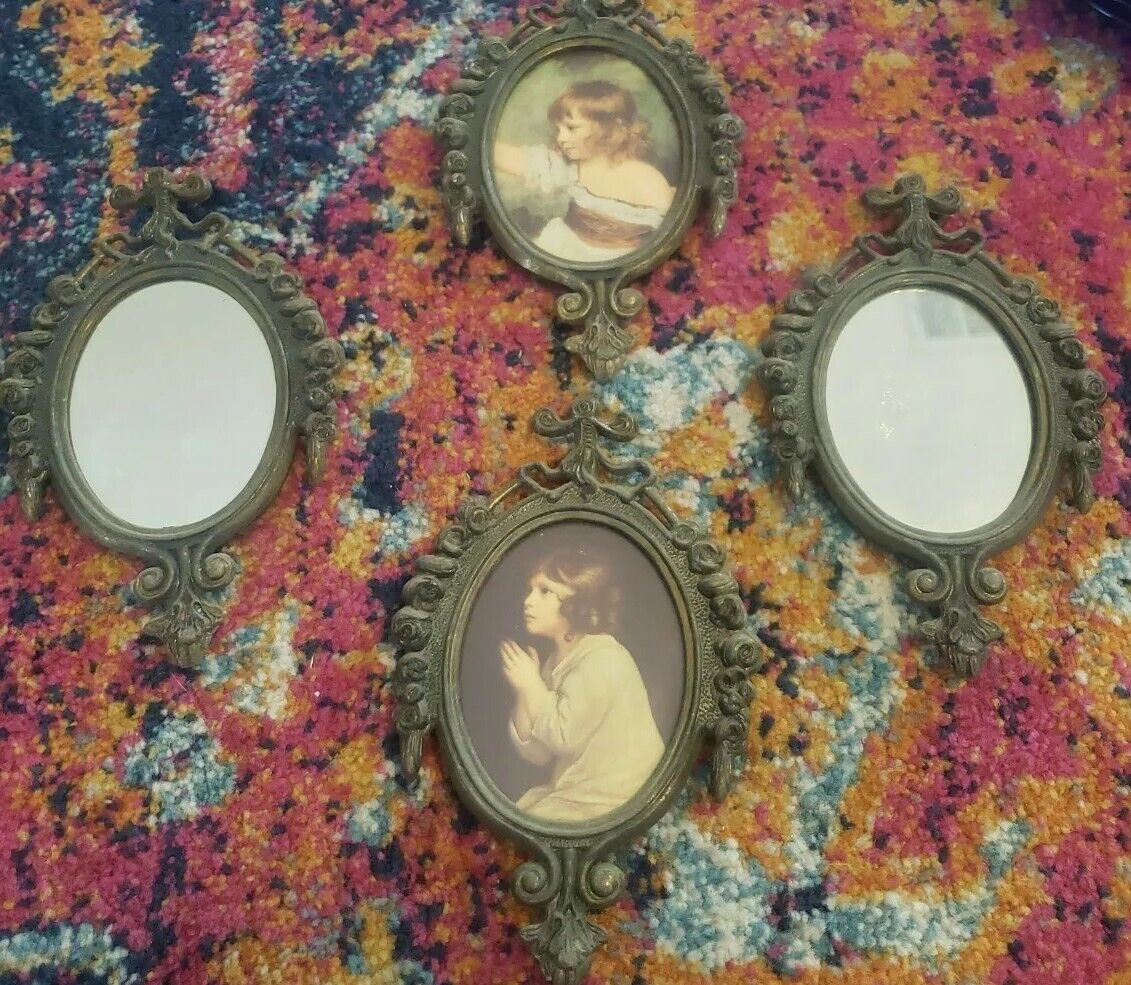 Vintage Small Ornate Metal Oval Hanging Pictures/mirrors girl ITALY
