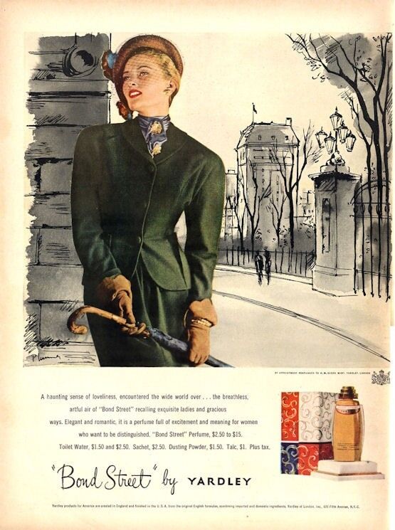 1948 Yardley PRINT AD Bond Street Fashion Dress & Hat Elegant Woman Illustration