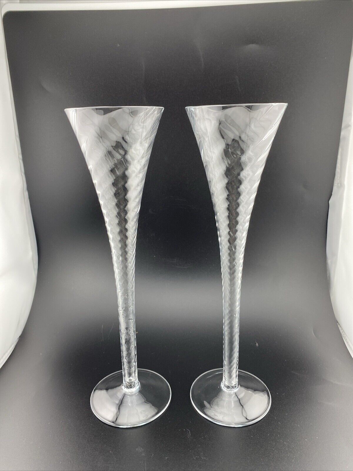 Hand Blown Art Glass Optic Swirl Hollow Stem Champagne Flutes Set of 2 Barware