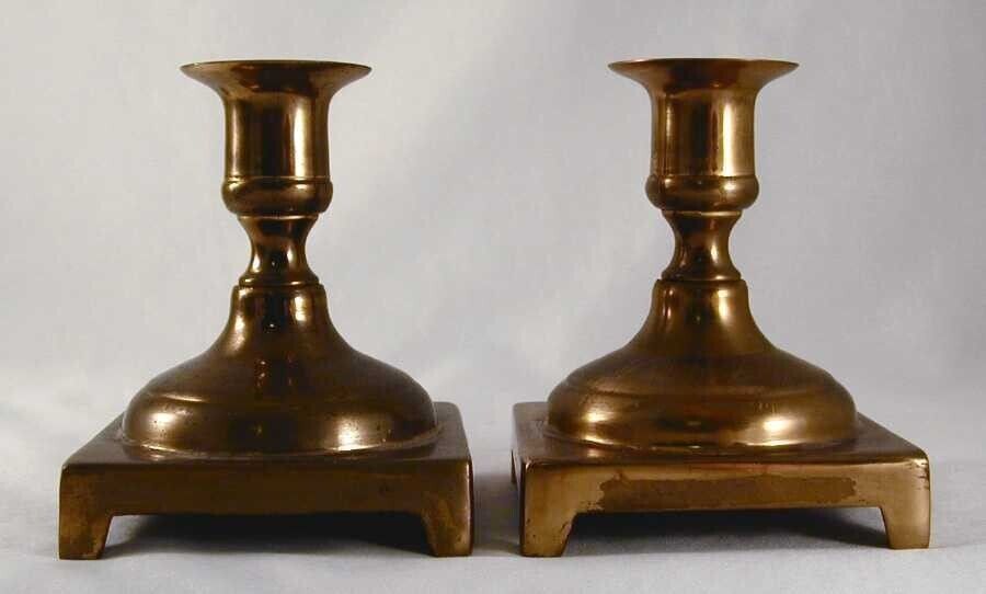 Pair Vintage Brass Candlestick Holders Footed Square Base & Short Stem England