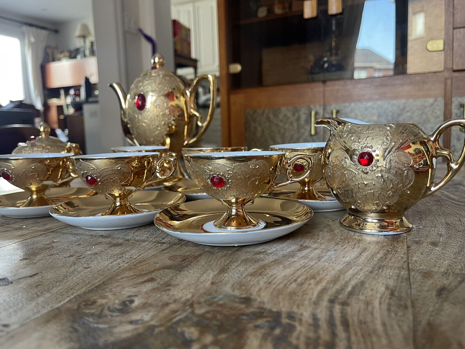 9 Pieces FLORES BAVARIA GOLD TEA SET WITH RED JEWELS