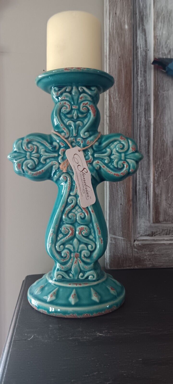 Vintage Stonebriar Turquoise Ceramic Cross Candle Holder