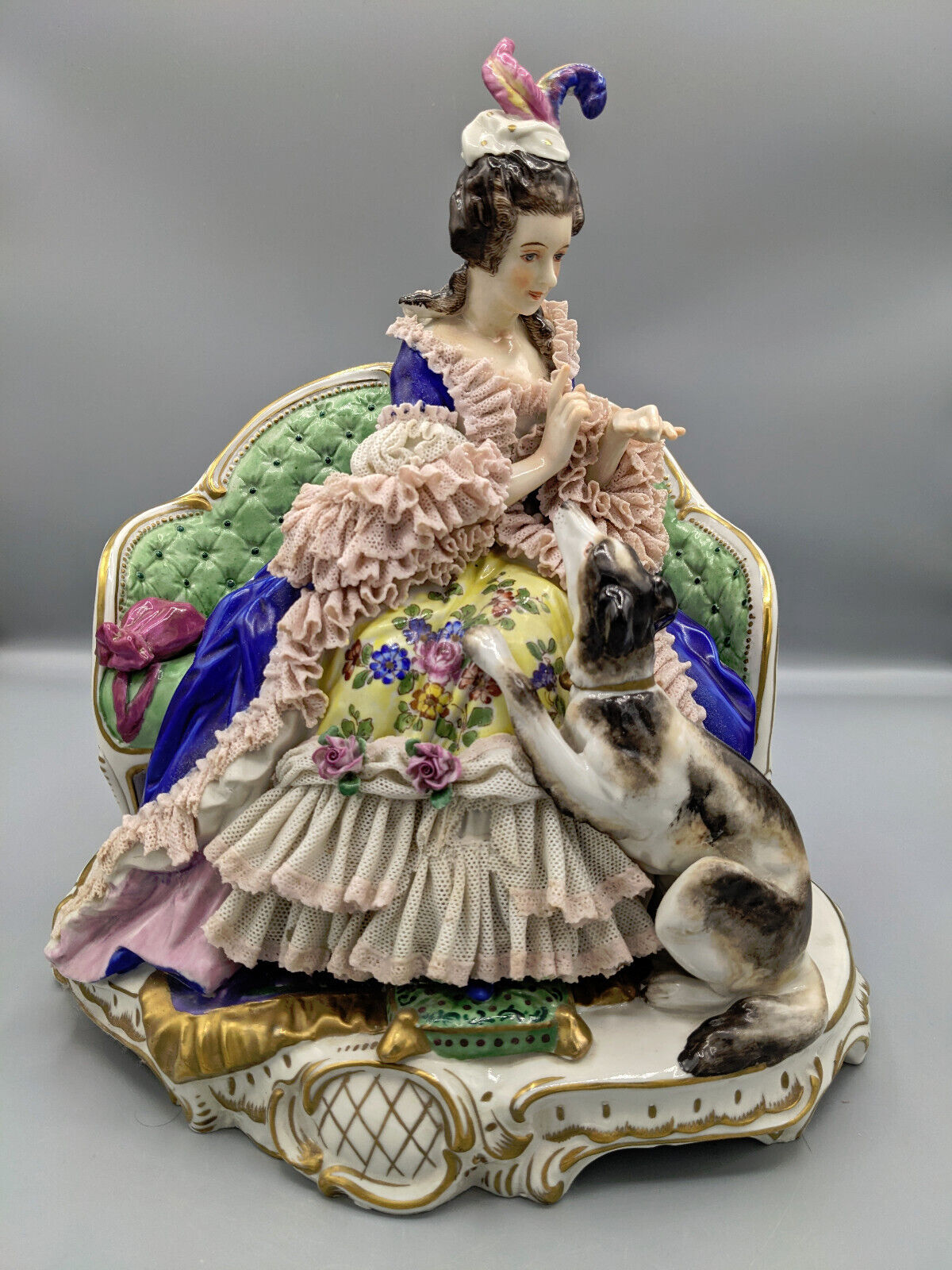 Large 1900s Antique Volkstedt German Porcelain Lace Figurine Lady With Dog 10\