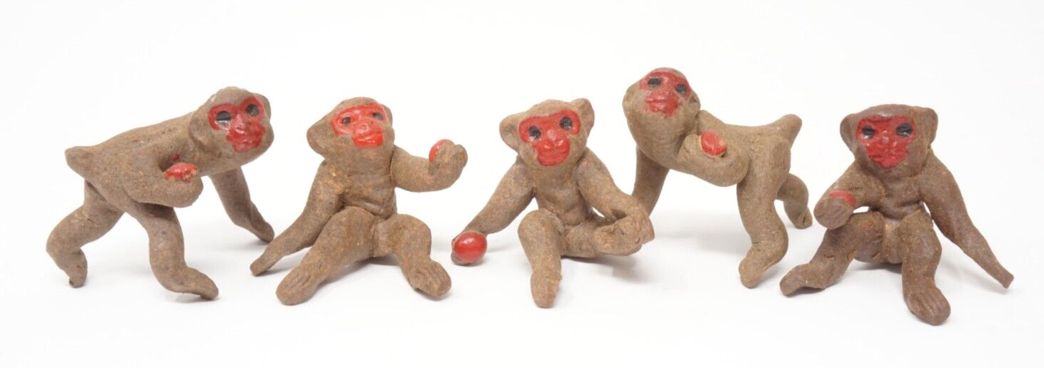 5 Vintage Japanese Folk Art Monkey Figurines Hand Made 1\