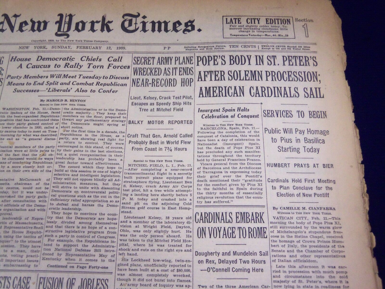 1939 FEB 12 NEW YORK TIMES - POPE\'S BODY IN ST. PETER\'S AFTER SOLEMN - NT 591