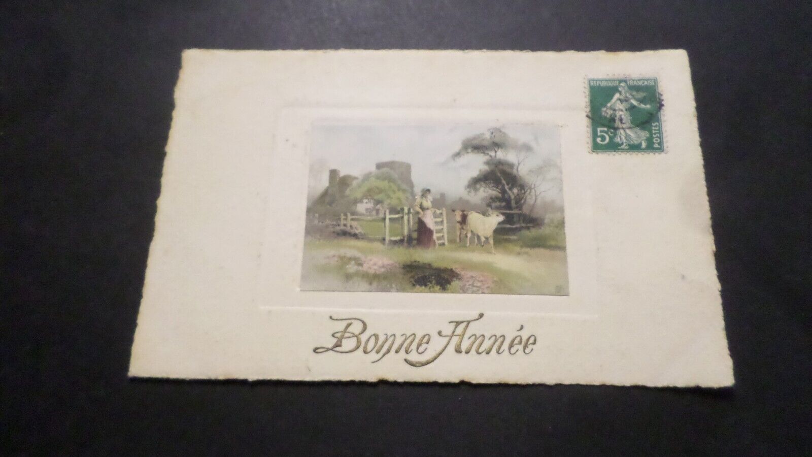 Bonne Year 1905, Postcard Antique CPA Embossed, Farmer, Cow, Old