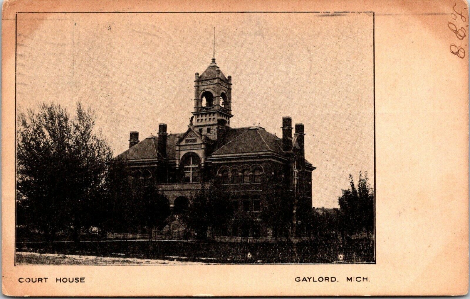 Gaylord Michigan~1880s Courthouse w/WWII Lookout Post~Razed 1960s~B&W 1907 UDB