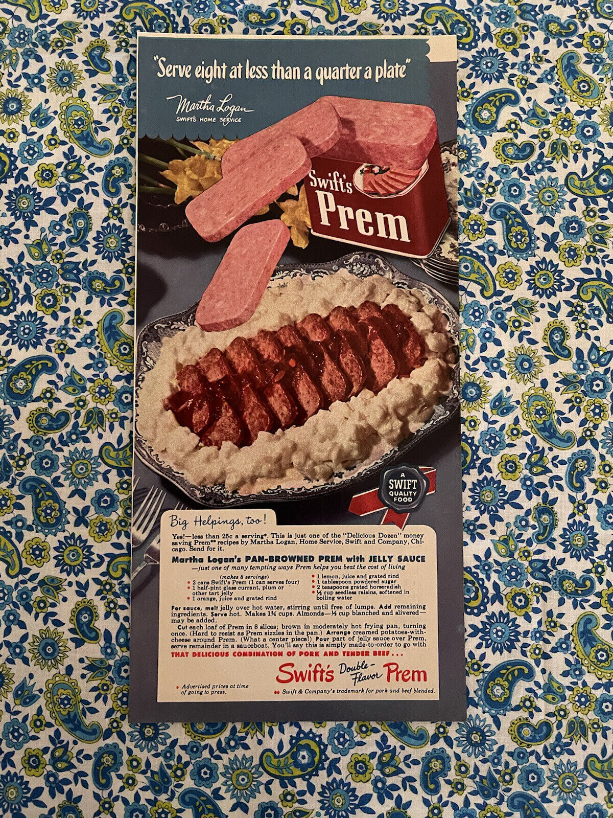 Vintage 1949 Swift’s Prem Canned Meat Print Ad Recipe Included On Ad