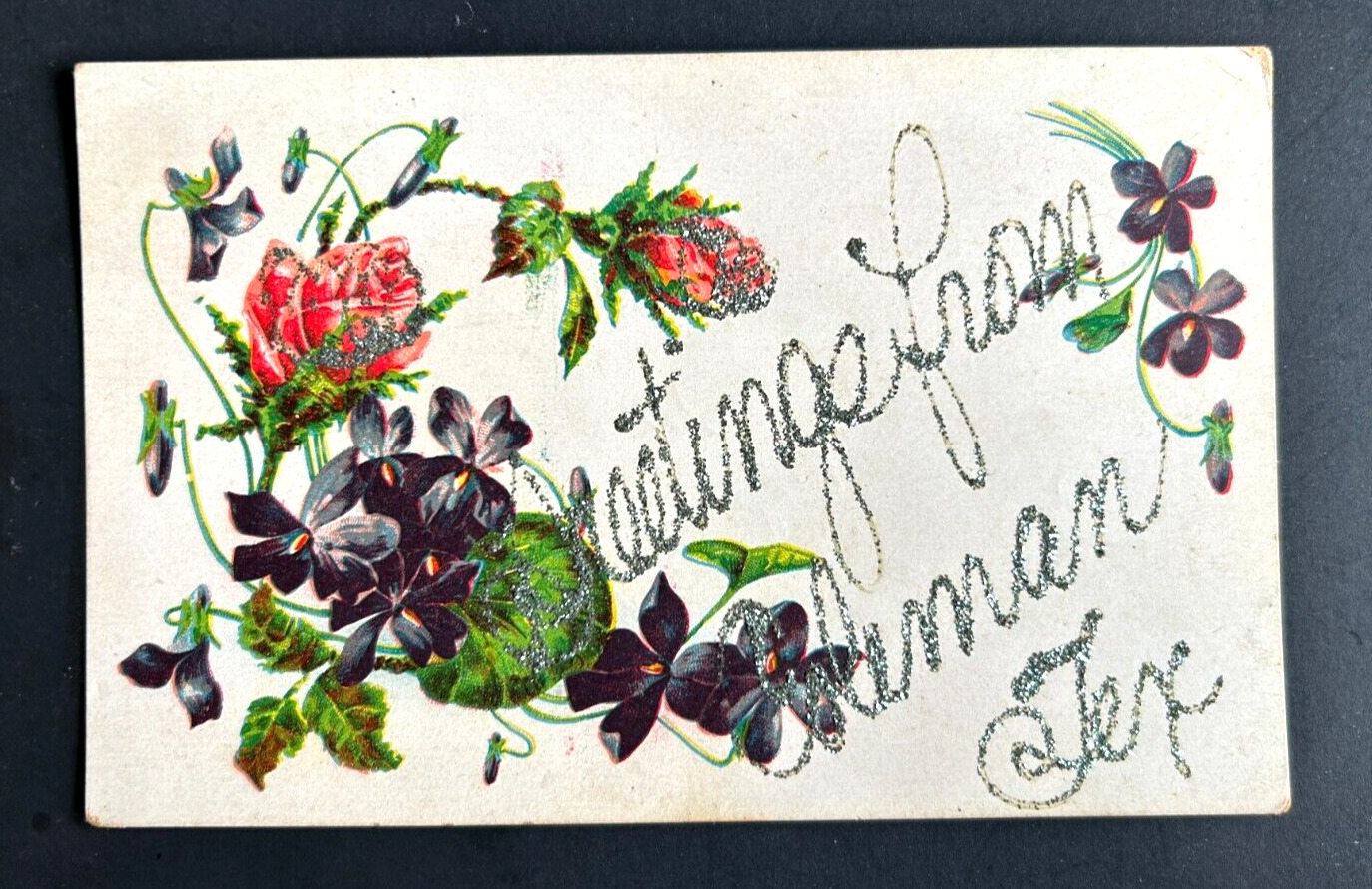 Old Postcard Greetings Coleman Texas TX Flowers Roses Iris Early 1900\'s glitter